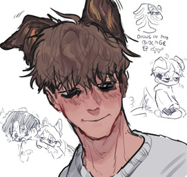 alternate_species blush bodily_fluids canon_couple chibi clothing duo eye_bags hair hoodie humanoidized male pointy_ears prick_ears shirt smile solo tail tail_motion tailwag tan_body tan_hair tan_skin tears topwear baulwoo killing_stalking oh_sangwoo yoon_bum animal_humanoid canid canid_humanoid canine canine_humanoid dog_humanoid human humanoid mammal mammal_humanoid hi_res