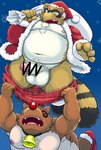 2023 absurd_res anthro balls belly big_belly blush bottomwear bottomwear_down brown_body brown_fur canid canine censored christmas christmas_clothing christmas_headwear clothed clothing costume duo eyes_closed fur genitals green_eyes hat headgear headwear hi_res holidays humanoid_genitalia humanoid_hands humanoid_penis kemono male mammal moobs navel nipples overweight overweight_male pants pants_down partially_clothed penis pubes raccoon_dog rockmai3 santa_claus santa_costume santa_hat sengoku_puzzle shadow_ieyasu tanuki tokugawa_ieyasu white_body white_fur