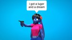 anthro bad_trigger_discipline black_hair blue_background blue_eyes breasts cheek_tuft clothed clothed_anthro clothed_female clothing dialogue electronics facial_tuft female fur gun hair handgun headphones holding_gun holding_handgun holding_object holding_pistol holding_ranged_weapon holding_weapon long_ears luger pink_clothing pink_topwear pistol purple_body purple_fur ranged_weapon simple_background small_breasts solo speech_bubble text topwear tuft weapon conditional_dnp domibun warfare_machine domi_(domibun) lagomorph leporid mammal rabbit 16:9 2023 3d_(artwork) digital_media_(artwork) english_text hi_res source_filmmaker_(artwork) widescreen