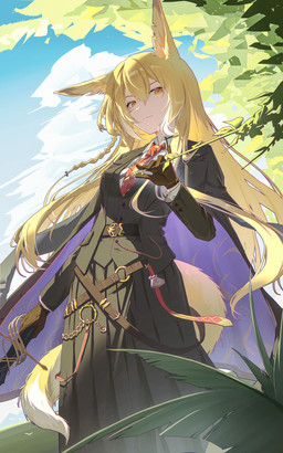 belt black_clothing blonde_hair clothing cloud coat day dress female hair holding_melee_weapon holding_object holding_sword holding_weapon looking_at_viewer low-angle_view melee_weapon necktie outside plant smile solo sword tail topwear weapon yellow_eyes enoharatoki arknights hypergryph studio_montagne vulpisfoglia_(arknights) animal_humanoid canid canid_humanoid canine canine_humanoid fox_humanoid humanoid mammal mammal_humanoid 2024 5:8 absurd_res hi_res
