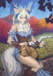 anthro antlers blue_eyes breasts clothed clothing duo eyebrows eyelashes female feral grass horn plant smile etsu_cuprumfox eve_(etheral_synergy) deer lagomorph leporid mammal rabbit 2021 digital_media_(artwork) hi_res