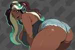 abstract_background bent_over big_breasts big_butt bottomwear breasts brown_body brown_skin butt clothing curvy_figure denim denim_bottomwear denim_clothing denim_shorts eyebrows eyelashes female green_eyes hair long_hair looking_at_viewer looking_back not_furry open_mouth open_smile pseudo_hair shirt shorts smile solo tank_top teeth tentacle_hair tentacles thick_thighs tongue topwear voluptuous wide_hips jxzuke nintendo splatoon marina_(splatoon) cephalopod humanoid marine mollusk octarian octoling 2025 3:2 hi_res