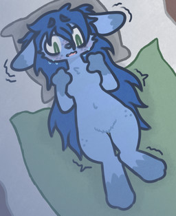 anthro bed bedding blanket blush bodily_fluids breasts chest_tuft crotch_tuft eye_bags featureless_breasts featureless_crotch female floppy_ears freckled_face freckled_hips freckles furniture hair long_hair lying messy_hair midriff motion_lines nude nude_female on_back on_bed pillow small_breasts solo sweat sweatdrop tremble_lines tuft castafae atlyss mammal poon_(atlyss) absurd_res hi_res