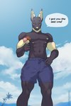 anthro cloud dessert dialogue food ice_cream male multi_nipple muscular nipples shirtless smile smiling_at_viewer solo speech_bubble text noxu osahar_(securipun) anubian_jackal canid canine canis jackal mammal 2:3 english_text hi_res