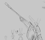 anthro armor collar comparing exoskeleton female grey_background group gun holding_object holding_weapon machine_gun ranged_weapon simple_background size_difference weapon brewfilter canid canine fox mammal 2024 hi_res monochrome sketch