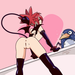 anus bent_over biped bodily_fluids clothed clothing duo genitals hair latex latex_clothing latex_legwear legwear looking_back pupils red_eyes red_hair simple_background smile spade_tail sweat tail thigh_highs vulva zedrin disgaea nippon_ichi_software etna_(disgaea) avian bird demon demon_humanoid humanoid penguin 1:1 animated hi_res short_playtime