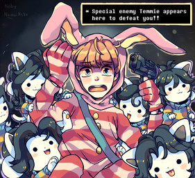 ambiguous_gender blue_clothing blue_sweater blue_topwear clothed clothing empty_eyes group gun hair holding_object holding_weapon looking_at_viewer open_mouth pattern_clothing pattern_sweater pattern_topwear ranged_weapon simple_background striped_clothing striped_sweater striped_topwear stripes sweater text tongue topwear weapon white_body buskira popee_the_performer undertale undertale_(series) popee_(popee_the_performer) temmie_(undertale) canid canine felid feline mammal tem english_text signature