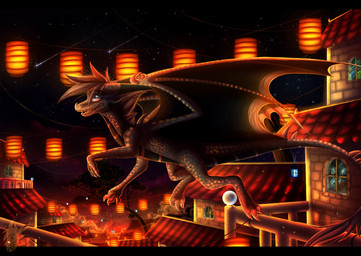 black_bars blue_eyes claws detailed_background feral horn lamp lantern membrane_(anatomy) membranous_wings night open_mouth outside paper_lantern scales smile solo tail teeth wings skaydie european_mythology mythology dragon mythological_creature mythological_scalie scalie western_dragon 2014 digital_media_(artwork) letterbox