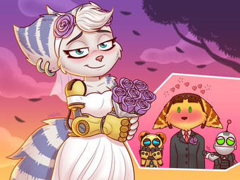 accessory anthro blush bouquet breasts clothed clothing cybernetic_arm cybernetic_limb dress ear_piercing female flower flower_bouquet flower_in_hair fur group hair hair_accessory half-closed_eyes headgear heart_symbol holding_bouquet holding_flower holding_object looking_at_viewer love machine male narrowed_eyes necktie outside piercing plant ring_piercing smile stripes suit tail topwear wedding wedding_dress yellow_body yellow_fur luchosfactory ratchet_and_clank sony_corporation sony_interactive_entertainment clank_(ratchet_and_clank) kit_(ratchet_and_clank) ratchet_(ratchet_and_clank) rivet_(ratchet_and_clank) lombax mammal robot absurd_res digital_media_(artwork) hi_res