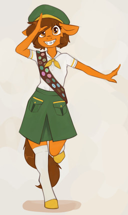 anthro bottomwear braces brown_hair clothed clothing female front_view fur green_bottomwear green_clothing green_hat green_headwear green_skirt grin hair hat headgear headwear hooves legwear on_one_leg orange_body orange_fur pose shirt short_hair skirt smile solo standing stockings topwear unguligrade white_clothing white_legwear white_shirt white_stockings white_topwear marsminer girl_scout hasbro my_little_pony venus_spring equid equine horse mammal pony hi_res