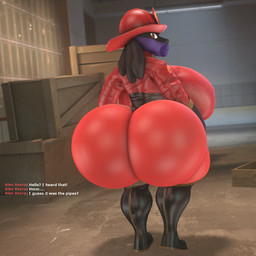 anthro armor big_breasts big_butt box breasts butt clothing container crate dialogue female firefighter_helmet fur gloves handwear headgear helmet huge_breasts huge_butt hyper hyper_breasts hyper_butt latex latex_clothing lips looking_at_viewer looking_back purple_body purple_fur red_eyes solo text thick_lips thick_thighs wide_hips bimbomorph_(artist) nintendo pokemon team_fortress_2 valve alex_asora canid canine generation_4_pokemon lucario mammal pokemon_(species) 3d_(artwork) digital_media_(artwork) hi_res