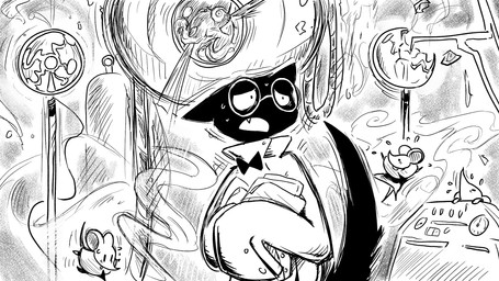 ambiguous_gender anthro black_body bodily_fluids bow_tie clothing coat eyewear glasses lab_coat laboratory lightening machine panicking paper pod shaking sweat tesla_coil topwear tube wire dragonweirdo gytras_(dragonweirdo) domestic_cat felid feline felis mammal mouse murid murine rodent 16:9 comic hi_res monochrome widescreen