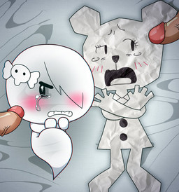 accessory anthro blush bodily_fluids clothing covering covering_self crying duo_focus embarrassed female forced genitals group hair_accessory hairpin humanoid_genitalia humanoid_penis imminent_rape imminent_sex lying male male/female on_model penis tears young unknown_artist cartoon_network the_amazing_world_of_gumball carrie_krueger teri_(tawog) bear ghost mammal paper_creature spirit hi_res
