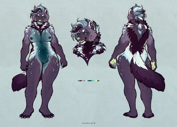 anthro blue_body blue_fur claws confident confident_female female fluffy fluffy_tail fur grin hair neck_tuft nude nude_anthro palette plantigrade purple_body purple_fur slightly_chubby smile solo tail tuft white_body white_fur tashiroth gulonine mammal mustelid musteline wolverine absurd_res full-length_portrait headshot_portrait hi_res model_sheet portrait