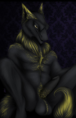 animal_genitalia anthro ball_tuft balls black_body black_claws black_fur blonde_mane claws digitigrade erection fur genitals grin looking_at_viewer male mane nude pattern_background sheath simple_background smile solo tail tail_between_legs tuft yellow_eyes woufoo goldy_(goldenrecord) sergal absurd_res hi_res