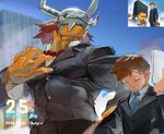 anthro armor bow_tie brown_hair clothing duo green_eyes hair headgear helmet male muscular muscular_anthro muscular_male necktie orange_body pecs red_hair suit glacier_up_sun bandai_namco digimon taichi_kamiya digimon_(species) human mammal wargreymon absurd_res hi_res