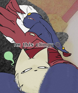 anthro black_eyes black_nose breasts clothing dress duo ear_piercing eyelashes eyeshadow female floppy_ears forehead_gem fur gem head_between_thighs lop_ears makeup male piercing pillow pupils purple_body purple_fur red_clothing red_dress red_eyeshadow slit_pupils tan_body tan_fur text thick_thighs wide_hips canacrow i'm_this_clingy nine_sols red_candle_games goumang_(nine_sols) yi_(nine_sols) felid feline mammal solarian hi_res meme