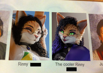 anthro bikini black_hair clothing collar curly_hair eyebrow_piercing eyes_closed eyewear facial_piercing glasses gradient_hair green_eyes gynomorph hair intersex nose_piercing piercing pupils purple_hair slit_pupils swimwear two-piece_swimsuit yearbook rinny the_cooler_daniel rinny_(character) domestic_cat felid feline felis mammal tabby_cat 3d_(artwork) digital_media_(artwork) meme trans_(lore) trans_woman_(lore)