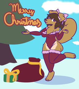 anthro big_breasts big_butt bow_ribbon box breasts butt chest_tuft christmas_clothing clothed clothing container female gift_bag gift_box holidays huge_butt leotard simple_background solo thick_thighs tuft wide_hips nokamiwd christmas july_shepherd_(nokamiwd) absurd_res hi_res