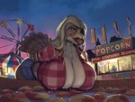 amusement_ride anthro apple beak bent_over big_breasts biped blonde_hair bobbing_for_apples bottomwear breasts cleavage clothed clothing detailed_background fair female ferris_wheel food fruit hair huge_breasts plaid plant solo sunset text topwear greasymojo emma_(integ) avian bird falcon falconid 4:3 absurd_res hi_res