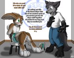 anthro bdsm bondage bound canid canine catmonkshiro clothing diaper duo english_text feces filth fox lagomorph leporid male mammal pooping rabbit scatplay sitting soiled_bottomwear soiling text