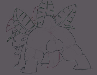 anus backsack balls big_balls big_penis feral genitals looking_at_viewer looking_back male penis plant rear_view solo tapering_penis tongue tongue_out conditional_dnp vanzard nintendo pokemon elemental_creature flora_fauna generation_1_pokemon pokemon_(species) venusaur absurd_res hi_res monochrome
