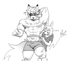 anthro big_tail clothing duo eirik_(eirikbat) fluffy fluffy_tail fur hair male muscular muscular_anthro muscular_male neck_tuft raised_arm shocked silly silly_face simple_background sketchy small_waist tail tape_measure thick_thighs tuft underwear white_body white_fur wide_shoulders eirikbat mihoyo zenless_zone_zero von_lycaon bat canid canine canis mammal thiren wolf absurd_res digital_media_(artwork) hi_res sketch