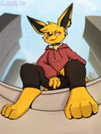 anthro city clothing collar feet foot_focus hoodie paws piercing red_eyes sitting solo toes topwear coffeefly nintendo pokemon tarma eeveelution generation_1_pokemon jolteon pokemon_(species) hi_res