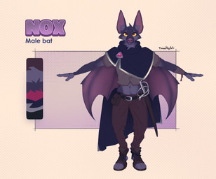anthro bandage bandaged_arm bottomwear brown_bottomwear brown_clothing brown_footwear brown_pants brown_shoes cheek_tuft clothed clothing color_swatch facial_tuft fangs footwear front_view fur grey_body grey_fur head_tuft looking_at_viewer male male_anthro melee_weapon membrane_(anatomy) membranous_wings mouth_closed navel neck_tuft pants pattern_background pupils red_pupils shoes simple_background solo standing sword teeth tuft weapon wings yellow_eyes timmothy_arts bat mammal absurd_res hi_res model_sheet