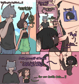 balls black_hair body_hair breasts brown_hair carrot_necklace caught caught_in_the_act chest_hair clothing collar covered_eyes dark_body dark_skin dialogue erection fellatio female genitals glans green_eyes group hair hand_holding handjob heart_symbol jewelry male male/female necklace nude open_mouth oral penile penis penis_grab pubes purple_eyes romantic romantic_couple sex short_hair slightly_chubby slim surprised tan_body tan_skin text tongue tongue_out walk-in zako catbro_(zako) chocolate_truffle_(zako) pecan_delight_(zako) wolfbro_(zako) animal_humanoid canid canid_humanoid canine canine_humanoid cat_humanoid felid felid_humanoid feline feline_humanoid humanoid lagomorph lagomorph_humanoid leporid_humanoid mammal mammal_humanoid rabbit_humanoid wolf_humanoid comic english_text hi_res