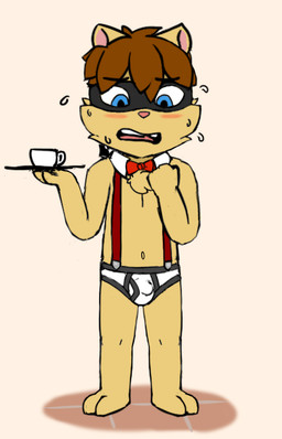 anthro black_seam_briefs blue_eyes blush bodily_fluids bow_(feature) bow_tie briefs brown_body brown_fur brown_hair bulge chest_tuft clothed clothing colored_seam_underwear container cup detailed_bulge domino_mask eyemask eyewear fist flying_sweatdrops fur genital_outline hair looking_down male mask navel open_mouth penis_outline pink_nose platter serving shota shy simple_background skimpy solo standing suspenders sweat sweatdrop tan_body tan_fur teeth tongue topless tuft underwear waiter white_background white_briefs white_clothing white_underwear young young_anthro mezzanine_(artist) league_of_legends riot_games tencent kennen_(lol) yordle flat_colors hi_res