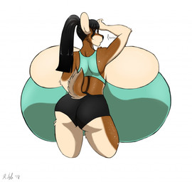 anthro back_boob big_breasts black_hair black_nose blush bodily_fluids bottomwear breasts brown_body brown_fur butt clothed clothing female fingers fur hair huge_breasts hyper hyper_breasts inner_ear_fluff multicolored_body multicolored_fur shirt shorts simple_background solo standing sweat tail tan_inner_ear_fluff topwear tuft white_background autumnmelody deer mammal 2018 hi_res shaded