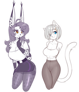 accessory anthro belt big_breasts blue_eyes bottomwear breasts clothing collarbone crop_top duo eyebrows eyelashes female hair hair_accessory hair_over_eye hairclip inner_ear_fluff markings pants shirt skirt spots spotted_body topwear tuft yellow_eyes scorpdk mara_(scorpdk) domestic_cat felid feline felis lynx mammal 2026 hi_res