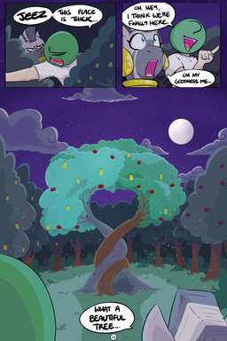 clothing dialogue duo ear_piercing ear_ring female feral food forest fruit male night outside piercing plant ring_piercing text tree shoutingisfun friendship_is_magic hasbro my_little_pony anon zecora_(mlp) equid equine human mammal zebra 2:3 comic english_text hi_res