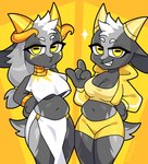 anthro bottomwear breasts choker clothing crop_top devil_horns_(gesture) female gesture gold_(metal) hair hand_gesture horizontal_pupils horn jacket jewelry loincloth long_hair looking_at_viewer multiple_poses necklace ponytail pose pupils scut_tail shirt short_tail shorts simple_background smile solo sparkles tail topwear yellow_background yellow_eyes krinjuicy coffee_stain_studios goat_simulator pilgor_(goat_simulator) bovid caprine goat mammal 2024 hi_res portrait signature three-quarter_portrait