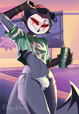 anthro beak beak_piercing beverage_can bracelet bulge clothed clothing crop_top crossdressing ear_piercing ear_ring eyewear eyewear_on_head facial_piercing femboy furgonomic_piercing furgonomics gold_(metal) gold_bracelet gold_jewelry hoop_ear_ring jewelry long_tail looking_at_viewer male necklace panties piercing red_eyes ring_piercing shirt solo sunglasses sunglasses_on_head t-shirt tail topwear underwear wearing_sunglasses wide_hips flugublue gta_vi_cover_girl hellaverse helluva_boss stolas_(helluva_boss) avian bird demon owl owl_demon hi_res
