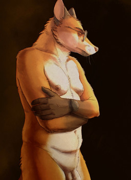 anthro balls clock crossed_arms eyes_closed eyewear eyewear_only facing_aside foreskin fur genitals glasses glasses_only male navel nipples nude penis pink_nipples pink_nose red_body red_fur solo watch wearing_glasses whiskers white_body white_fur rayfkm canid canine fox mammal hi_res