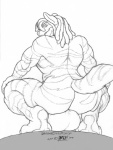 anthro backsack balls big_balls biped butt crouching dreadlocks feet genitals hindpaw hyper looking_back male muscular muscular_anthro muscular_male nude paws raised_tail rear_view sitting solo stripes tail mr_person daigo_(character) canid canine mammal 2009 monochrome