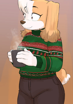 4_fingers anthro christmas_clothing christmas_sweater christmas_topwear clothing container cup eyebrows female fingers fur holidays long_ears looking_aside short_tail smile solo standing sweater tail topwear ugly_sweater white_body white_fur yellow_body yellow_fur asphk christmas mina_(asphk) canid canine canis domestic_dog mammal shih_tzu toy_dog absurd_res hi_res
