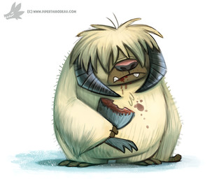 ambiguous_gender blood bodily_fluids eating fangs feral food fur grey_body grey_fur hair hair_over_eyes meat simple_background solo teeth text white_background white_body white_fur white_hair piper_thibodeau star_wars wampa 2015 digital_media_(artwork) digital_painting_(artwork) painting_(artwork) url