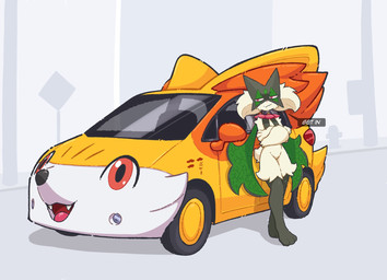 ambiguous_gender anthro car collar featureless_crotch flat_chested fur green_body green_fur green_hair hair hydrant paws pink_eyes road_sign solo speech_bubble tail text vehicle razgrizdl nintendo pokemon felid feline fennekin generation_6_pokemon generation_9_pokemon mammal meowscarada pokemon_(species) 2026 english_text hi_res