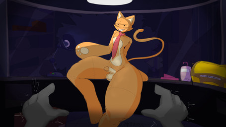 accessory anthro balls broken_glass cat_tail doll duo eyebrows femboy genitals glass grin hand_on_desk humanoid_genitalia humanoid_penis lamp looking_at_viewer lotion male mostly_nude motion_lines multicolored_body narrowed_eyes necktie office orange_body pawpads paws penis plushie red_necktie sitting_on_desk small_waist smile tail thick_thighs whiskers wide_hips ghostivious lovedoll_toy_factory bratti_(gremlingrounded) animate_inanimate domestic_cat felid feline felis living_doll living_plushie mammal 16:9 2026 4k absurd_res hi_res widescreen