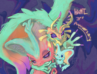 abstract_background ambiguous_gender anniversary anthro antlers big_ears biped bipedal_feral blue_eyes blush blush_stickers carrying_another chest_tuft colored_nails countershade_torso countershading digitigrade dipstick_tail feral fingernails fluffy fluffy_tail front_view fur group head_wings holding_another horn huge_wings looking_at_viewer markings mouthless multicolored_body multicolored_eyes multicolored_fur nails narrowed_eyes neck_tuft notched_ear one_eye_closed orange_body orange_fur pink_eyes pupils purple_background purple_fingernails purple_nails purple_sclera raised_arm semi-anthro simple_background size_difference tail tail_markings tan_body tan_fur teal_body teal_eyes teal_fur text trio tuft unusual_wing_placement wings wink winking_at_viewer kamabokobun kirby_(series) kirby_and_the_forgotten_land nintendo elfilin fecto_elfilis fecto_forgo alien chinchilla chinchillid mammal rodent starling_(kirby) 2025 digital_drawing_(artwork) digital_media_(artwork) english_description english_text half-length_portrait hi_res portrait male_(lore)