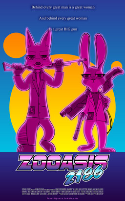 anthro badge barefoot clothed clothing duo feet female front_view gun half-closed_eyes handgun holding_gun holding_object holding_ranged_weapon holding_weapon long_ears looking_at_viewer male narrowed_eyes necktie poster poster_template ranged_weapon rifle shoulder_bag suit sun synthwave text walking weapon fanartiguess disney zootopia judy_hopps nick_wilde canid canine fox lagomorph leporid mammal rabbit red_fox true_fox 2016 5:8 absurd_res english_text hi_res url