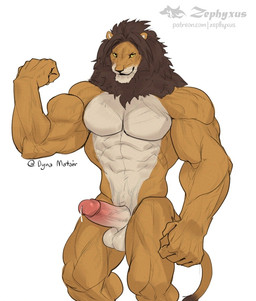 abs anthro balls biceps biped bodily_fluids brown_body brown_fur brown_mane deltoids erection flexing flexing_bicep fur genital_fluids genitals glans humanoid_genitalia humanoid_penis male male_anthro mane muscular muscular_anthro muscular_male nude_anthro nude_male pecs penis precum simple_background solo tail whiskers white_background white_balls white_body white_fur yellow_eyes zephyxus felid lion mammal pantherine 2026 digital_media_(artwork)
