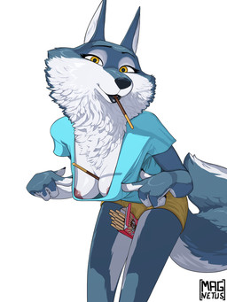 anthro areola areola_slip bent_over box breast_squish breasts camel_toe cleavage clothed clothing container female food fur looking_at_viewer object_between_breasts object_between_thighs pocky_in_mouth shirt simple_background smile solo squish standing tail topwear yellow_eyes magnetus illumination_entertainment pocky sing_(movie) porsha_crystal canid canine canis mammal wolf 3:4 digital_media_(artwork) hi_res