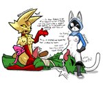 anthro artist_sotu bell bell_collar big_penis big_tongue bodily_fluids bow_ribbon bow_tie clothed clothing clothing_lift collar cum cum_drip cunnilingus dialogue dripping edging ejaculation facesitting female fluffy fluffy_chest fur genital_fluids genitals gloves green_body green_fur grinding group handwear hood hood_up humor legwear licking long_tongue male male/female mask midriff oral penis pinned precum precum_drip raised_tail sex shaking short_tail sitting_on_another tail thigh_highs tongue trio vaginal white_body white_fur yellow_body yellow_fur deadzephyr4114 sotu tyzanthia alien felid lumari mammal