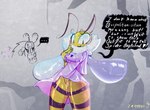 anthro bodily_fluids bottomless clothed clothing female genital_fluids glistening glistening_body humor insect_wings neckfluff print_clothing print_shirt print_topwear shirt simple_background smile solo speech_bubble text topwear vaginal_fluids wings worried yellow_body enderryy kfc background_character bitty_(enderryy) arthropod bee hymenopteran insect lepidopteran moth english_text