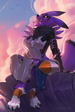 anthro armor biped breasts claws clothed clothed_anthro clothed_female clothing cloud feet female fingers fur outside sitting sky smile solo tail teeth toes tongue tlt_echelon bandai_namco digimon digimon_(species) renamon 2026 digital_drawing_(artwork) digital_media_(artwork) hi_res