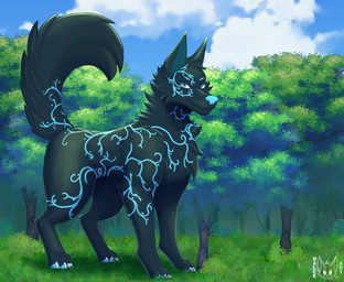 ambiguous_gender black_body black_fur blue_body blue_eyes blue_fur feral fluffy fluffy_tail fur looking_at_viewer macro nature nature_background plant sky solo tail tree malekart canid canine mammal hi_res